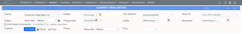 Ficha del traslado con cliente, origen, planta y número de DI